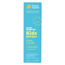 Ultra Sensitive Kids Sunscreen SPF50+ 150ml -Cancer Council Supplies Shop Kids 150mL Carton Front 3550px